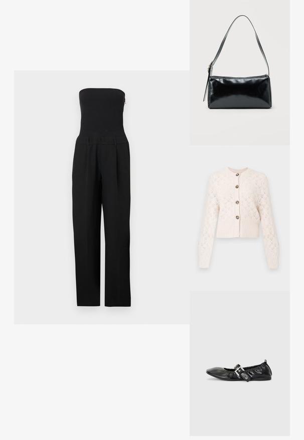 Sort stropløs jumpsuit med tætsiddende overdel og bukser med vide ben vist på en hvid baggrund.; Creme strikket cardigan med lange ærmer, knaplukning foran, ribbet kant og et delikat hulmønster i diamantform.; Sorte læder flade sko med spids tå, samling detaljer omkring åbningen, og en sølv spænde accent på den justerbare rem.; Sort rektangulær skuldertaske med en enkelt justerbar rem og lynlås i toppen på en ensfarvet baggrund.