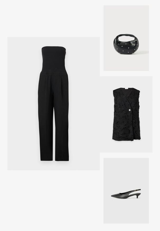 Sort stropløs jumpsuit med tætsiddende overdel og bukser med vide ben vist på en hvid baggrund.; Sort ærmeløs blondervest med blomsterprint og en enkelt sølvknap foran.; Sorte spidse slingback-sko lavet af glat læder. Har en tynd hæl og en spænde detalje på den justerbare rem.; Sort læderhåndtaske med en rundet form, dekoreret med sølvnitter, og et kort håndtag. Glat tekstur og lynlåslukning.