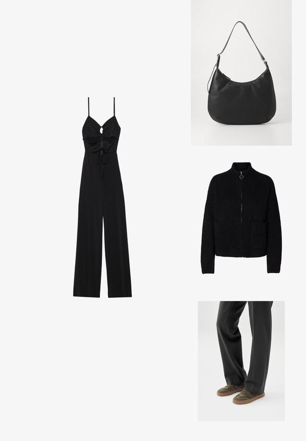 Sort jumpsuit med tynde stropper, rynket detaljering ved brystet, nøglehul-åbning og bredt ben design, lavet af et glat stof.; Sort, flosset lynlås-sweater med høj krave, to forlommer og rund metal lynlåstrækker.; Grønne ruskindssneakers med brune gummisåler, der har snørelukning og buede syningsdetaljer, kombineret med sorte skræddersyede bukser.; Sort hobo-taske lavet af glat, holdbart materiale. Har en enkelt justerbar rem og et subtilt præglogo på forsiden.