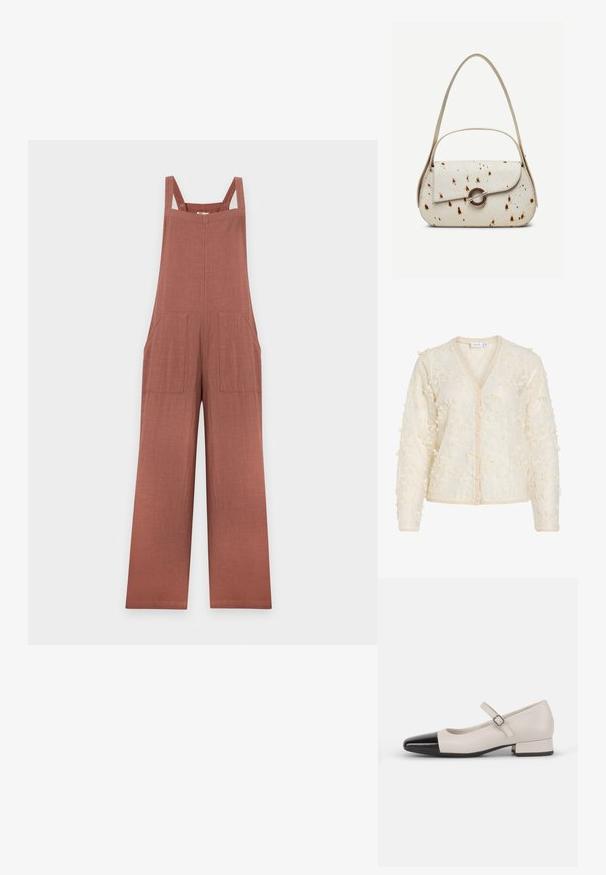 Salopette sans manches en lin brun-rougeâtre à jambes larges, deux grandes poches devant et des bretelles, présentée sur un fond uni clair.; Cardigan à manches longues couleur crème avec une texture en dentelle florale, boutons en perle sur le devant, et bord-côte au col, aux poignets et à l'ourlet.; Chaussure de style Mary Jane en cuir crème avec un bout en vernis noir. Présente un bout rond, une sangle de cheville avec une boucle carrée et un petit talon carré.; Sac à main couleur crème avec des taches marron, rabat incurvé avec une fermeture métallique circulaire, doté de deux fines anses, dont une plus longue pour porter à l'épaule.