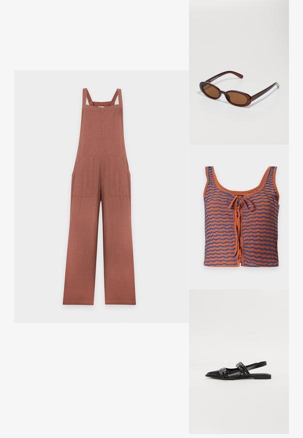 Roodbruine, mouwloze linnen overall met wijde pijpen, twee grote voorzakken en schouderbanden, weergegeven op een effen lichte achtergrond.; Oranje katoenen tanktop met blauwe golvende strepen, voorzien van een ronde hals en een strikdetail aan de voorkant. Gladde textuur, cropped ontwerp.; Even&Odd by Zalando Slingback ballerina´s - black; Ronde, bruin getinte zonnebril met een glanzend bordeauxrood frame. Slanke pootjes met subtiele merkdetails. Vlakke lensontwerp.