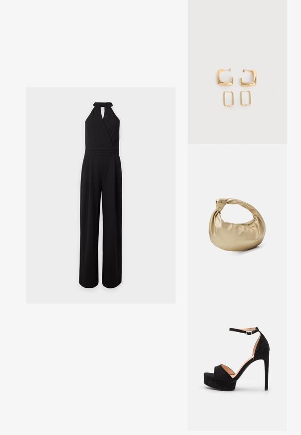 Mono negro sin mangas, de pernera ancha, escote halter, parte delantera cruzada en forma de V y abertura de ojo de cerradura bajo el cuello. Sin accesorios visibles.; Sandalia de tacón alto de ante negro con suela de plataforma, tira en el tobillo con herrajes plateados, diseño de punta abierta y textura suave.; Bolso de metal dorado con una textura suave y brillante. Presenta un asa anudada y una forma redondeada y suave. Cierre de cremallera en la parte superior.; Dos pares de pendientes de aro geométricos en tono dorado sobre una superficie blanca lisa, un par cuadrados y sólidos, un par rectangulares y huecos.