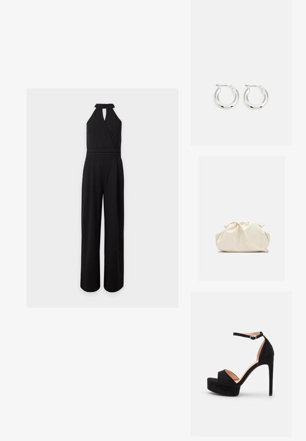 Mouwloze zwarte jumpsuit met wijde pijpen, halternek, V-vormige overslag aan de voorkant en een keyhole-uitsnijding onder de kraag. Geen zichtbare accessoires.; Zwarte suède hoge hakken sandaal met een platformzool, enkelband met zilveren beslag, open teen ontwerp en een gladde textuur.; Zachte, crèmekleurige leren clutch met geplooid, gerimpeld ontwerp en een dunne schouderriem die vooraan op een effen achtergrond ligt.; Zilveren oorbellen in de vorm van een ring met een gepolijste afwerking, met een cirkelvorm en een scharnierende postsluiting. Glad oppervlak met minimale details.