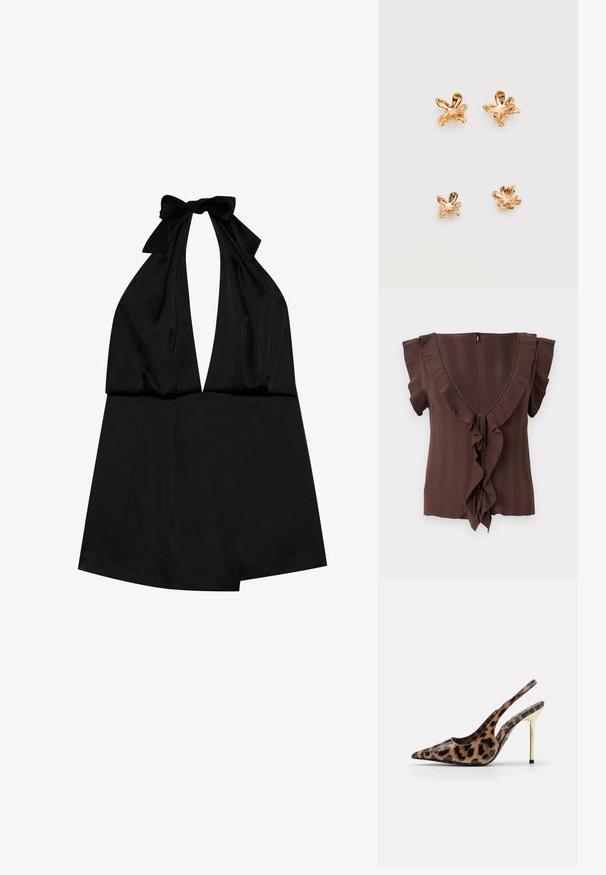 Even&Odd Buksedragter - black; Brun strikket top med dyb V-hals, korte ærmer og en vertikal ribbet tekstur, accentueret med en volangkant ned foran.; ALDO PUCKERUP - Højhælede pumps - brown; Fire blomsterformede ørestikker i guldfarve arrangeret i to par på en hvid baggrund.