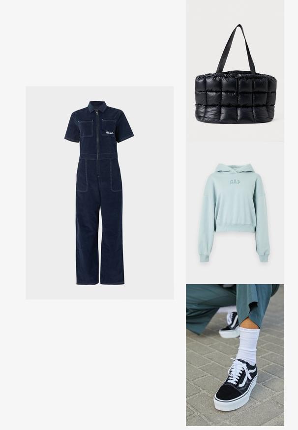 Marineblå kortærmet jumpsuit med lynlås foran, to brystlommer, to sidelommer og hvidt RVCA-logo på venstre brystlomme.; Lyseblå kort hættetrøje lavet af blød bomuld, med hætte, lange ærmer og en lille "GAP"-logo i en lidt mørkere blå.; Sorte ruskinds sneakers med hvide accenter og snørebånd, der har en tyk hvid sål og kontrasterende syninger, parret med en hvid sok.; Sort quiltet tote-bag med polstret tekstur og snørelukning, der har to lange sorte håndtag.