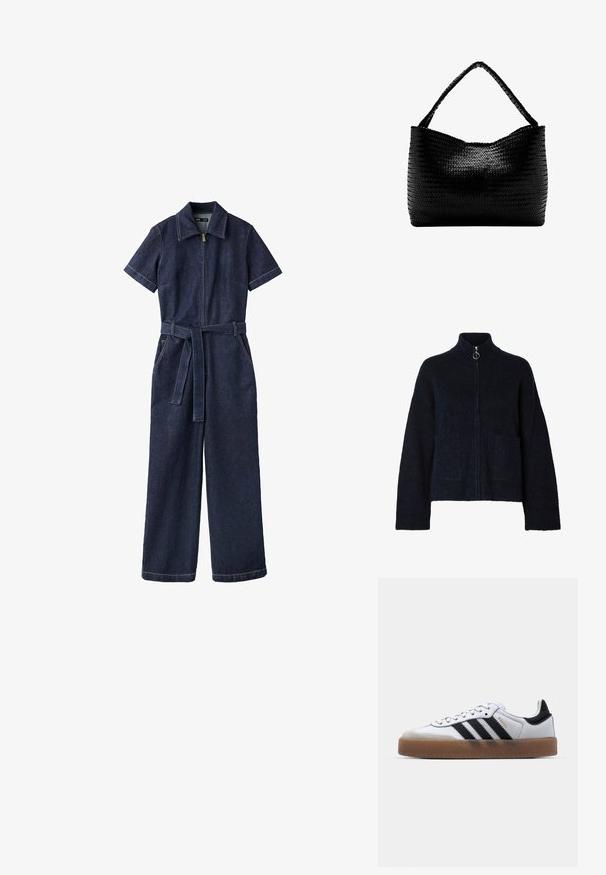 Mørkeblå denim jumpsuit med korte ærmer, frontlynlås, vide ben, bælte og krave.; Sort, blød jakke med lynlås, høj krave, lange ærmer, to forlommer og sølvfarvet ring på lynlåsen.; Hvide lædersneakers med sorte striber, gummirubber sål, rund tå, snørelukning og blød grå ruskinds tåhætte.; Sort vævet håndtaske med et enkelt flettet håndtag, rektangulær form og glansfuld tekstureret overflade.
