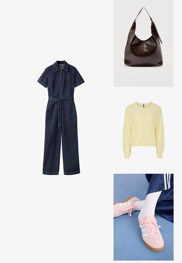 Mørkeblå denim jumpsuit med korte ærmer, frontlynlås, vide ben, bælte og krave.; Gul cardigan lavet af blødt strikstof, med rund halsudskæring, knaplukning foran og lange ærmer med ribbede manchetter.; Lyserøde ruskinds sneakers med hvide striber og snørebånd, udstyret med en struktureret tunge og en gummisål, placeret på et blåt tæppe.; Mørkebrunt, skinnende læder skuldertaske med en enkelt bred rem og spændedetalje på den ene side, sat mod en ensartet lys baggrund.
