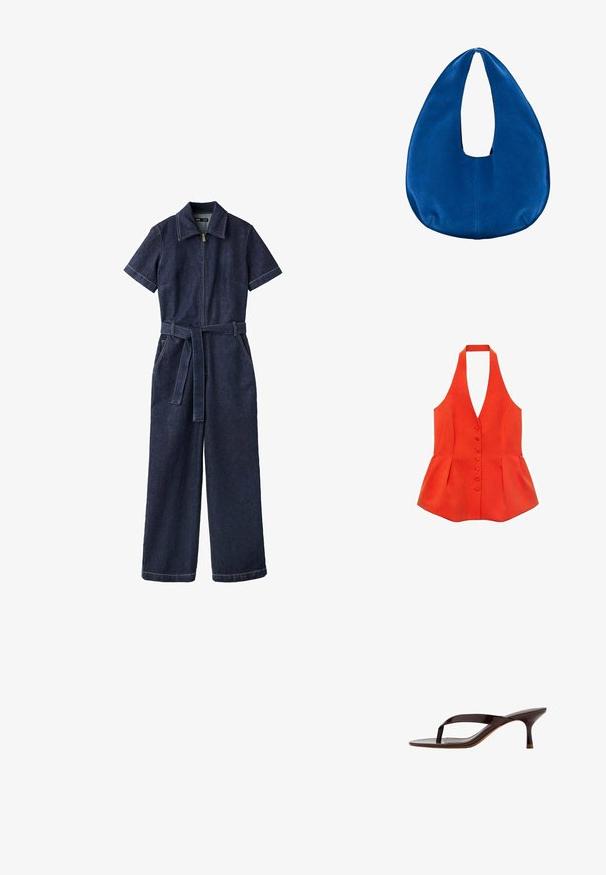 Mørkeblå denim jumpsuit med korte ærmer, frontlynlås, vide ben, bælte og krave.; Rød halterneck-top med tætsiddende liv, frontknapper og peplum-søm. Lavet af tekstureret stof med glatte linjer og et rent design.; Sort laklæder sandal med tårem og en slank mellemhøj kittenhæl, vist fra siden på en hvid baggrund.; Blød blå stof hobo skuldertaske med en rundet, halvmåneformet form og en bred åbning til håndtaget i toppen midt på.