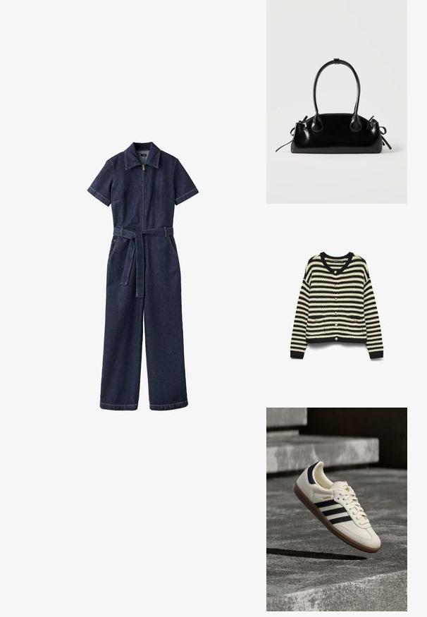 Mono de mezclilla azul oscuro con mangas cortas, cremallera frontal, pantalones anchos, cinturón y cuello.; Cárdigan a rayas en negro y crema, con escote en V, cierre de botones, dos bolsillos frontales y tejido de punto texturizado.; Zapatilla blanca Adidas Samba con franjas negras y suela de goma, flotando sobre escalones de hormigón gris texturizado.; Pequeño bolso negro brillante con dos asas largas y detalles de cordón lateral sobre un fondo claro liso.