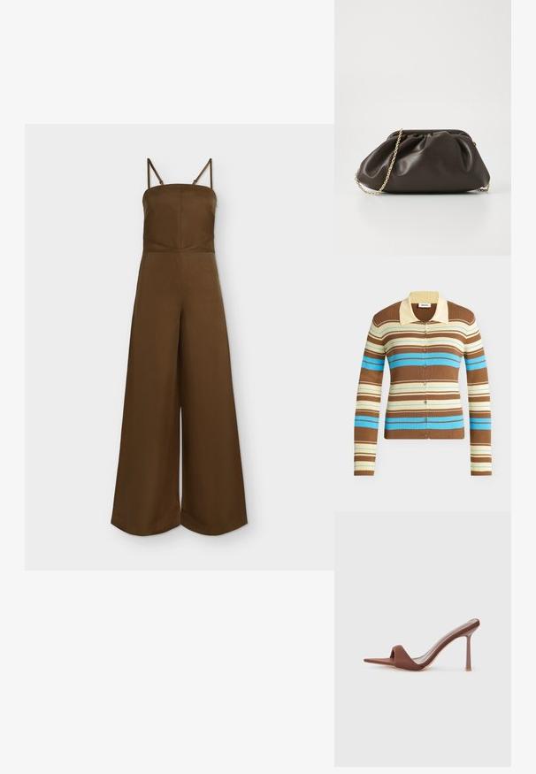 Combinaison marron à jambes larges avec fines bretelles réglables et encolure droite ajustée.; Cardigan côtelé rayé marron, crème et bleu, manches longues, fermeture par boutons devant et col couleur crème.; Sandales à talons marron avec un bout pointu, fabriquées en tissu lisse. Présentent un design minimaliste avec un haut talon aiguille et un dos ouvert.; Sac à main en cuir marron avec un design froncé, une bandoulière en chaîne dorée et une finition douce et texturée. Sa forme compacte est idéale pour une utilisation en soirée.