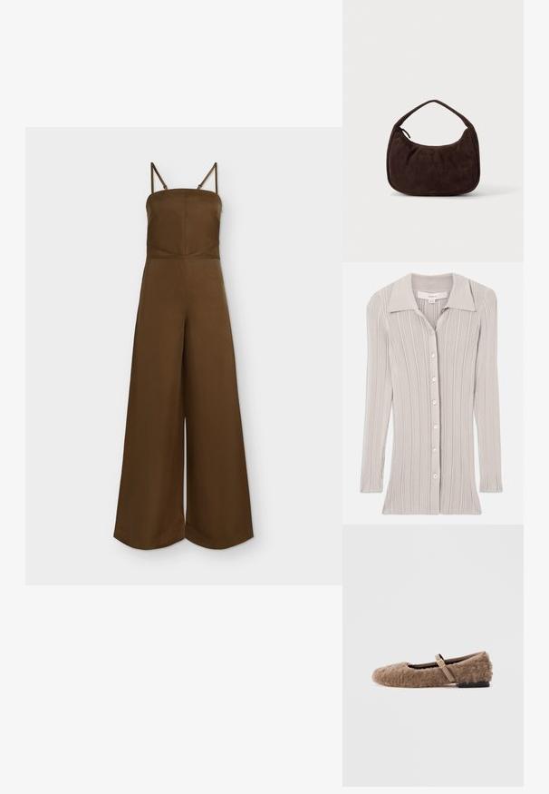 Combinaison marron à jambes larges avec fines bretelles réglables et encolure droite ajustée.; Cardigan à côtes de couleur gris clair, doté de manches longues, d'un col en V et de six boutons ronds sur le devant. Tissu texturé avec des lignes verticales.; Chaussure plate marron et duveteuse avec une bride Mary Jane et un détail de boucle dorée. Texture douce, bout carré et petit talon bloc. Doublure intérieure lisse.; Sac à main en daim marron foncé avec une courte sangle et une forme rectangulaire arrondie sur un fond uni clair.