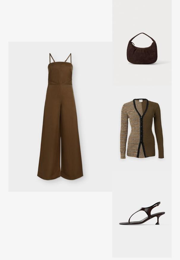 Combinaison marron à jambes larges avec fines bretelles réglables et encolure droite ajustée.; Cardigan femme à manches longues avec fermeture à boutons sur le devant, présentant deux motifs rayés verticaux contrastants en tons marron, noir et beige.; Sandale slingback en cuir verni marron foncé avec petit talon et bride entre les orteils sur fond blanc.; Sac à main en daim marron foncé avec une courte sangle et une forme rectangulaire arrondie sur un fond uni clair.