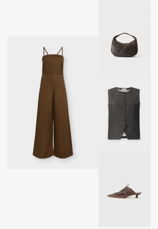 Brun jumpsuit med vide ben, tynde justerbare skulderstropper og en tætsiddende, lige halsudskæring.; Mørk ærmeløs vest med lodrette striber, der har fem frontknapper, rund halsudskæring samt et glat stof med en subtil glans.; Brun læder mule med spids tå, samlet tekstur, lille hæl og en snorede accent ved åbningen. Glat finish.; Lille mørkebrun tekstureret håndtaske med kort rem og afrundet bund på en ensfarvet lys baggrund.