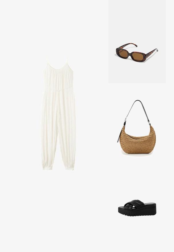 Mono blanco sin mangas con tirantes finos, corpiño fruncido, cintura ceñida, pantalones anchos que se estrechan en los tobillos con puños abotonados.; Sandalias de plataforma negras con tiras cruzadas de cuero suave, que cuentan con una suela gruesa y texturizada y una punta ligeramente redonda.; Gafas de sol de carey con forma rectangular, lentes marrones, montura de plástico suave y varillas delgadas que presentan sutiles patrones tonales.; Pequeño bolso de hombro marrón tejido con correa ajustable negra y cierre de cremallera, exhibido sobre fondo blanco.