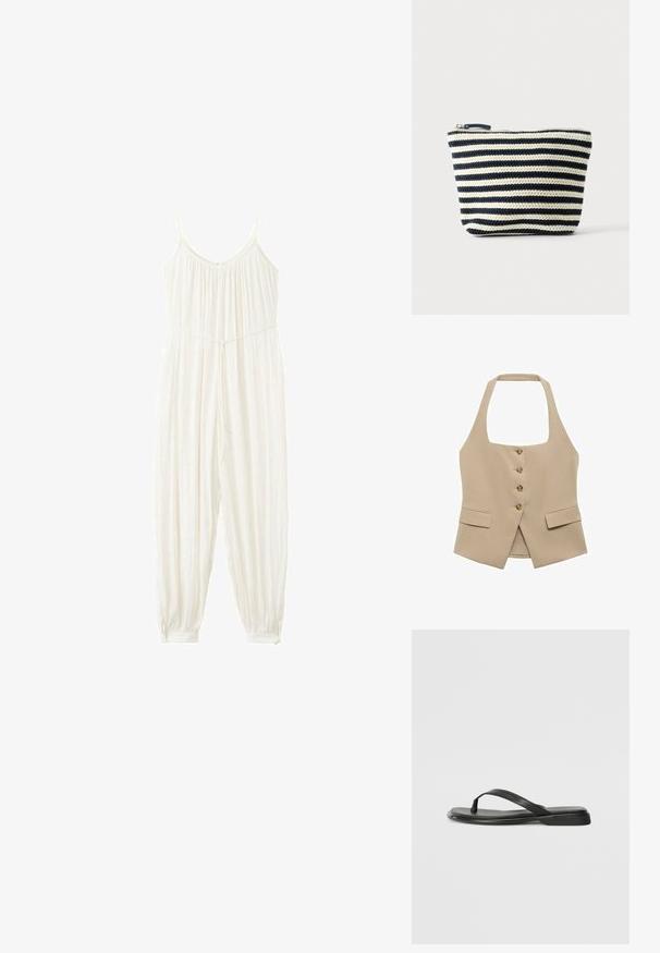 Mono blanco sin mangas con tirantes finos, corpiño fruncido, cintura ceñida, pantalones anchos que se estrechan en los tobillos con puños abotonados.; Chaleco beige de cuello halter con forma ajustada, cierre de cinco botones y dos bolsillos frontales. Fabricado en una tela suave con un acabado limpio.; Chancla negra de piel suave, con un diseño de tira delgada y una suela plana de perfil mínimo. Sin patrones ni acentos notables.; Pequeño estuche con cremallera, rayas horizontales tejidas en negro y blanco, fondo plano y tirador de cremallera visible en la parte superior.