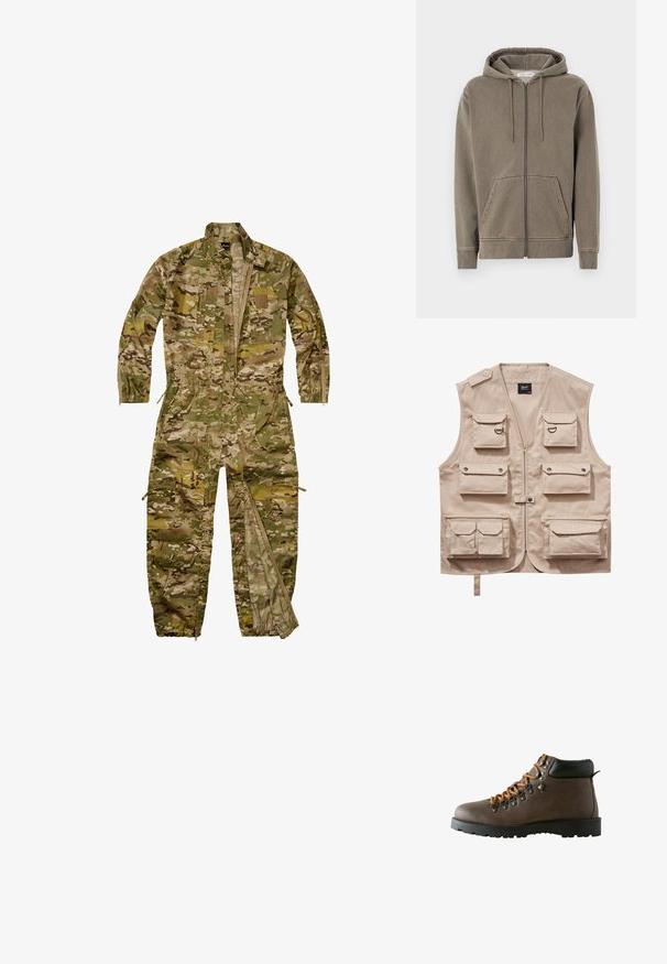 Heldækkende militær-inspireret camouflage-dragtt med lange ærmer, lynlås foran, flere lommer og elastiske manchetter ved ben og håndled.; Beige cargo vest lavet af slidstærkt stof, med flere lommer med klapper, lynlås og krave. Accenter inkluderer metaltrykknapper og ringe.; Lynlåset hættetrøje i dæmpet olivengrøn, lavet af blødt materiale. Har en hætte med snoretræk, frontlommer og ribbede manchetter. Simpelt design.; Brun lædervandringsstøvle med orange snørebånd, metaløjer, polstret sort ankelkrave og tykk sort gummisål.