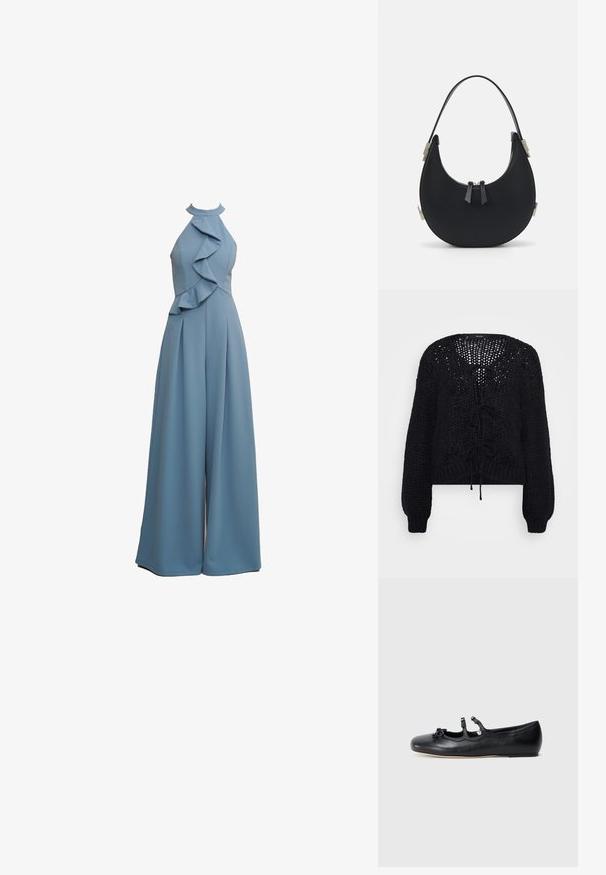 Lysblå jumpsuit med halterneck, flæsekant på forsiden, bred bendesign og struktureret stof.; Vero Moda Petite VMALOA BOW CARDIGAN - Cardigan - black; Sort læder ballet flade sko med et åbent design, har to dekorative stropper og en sløjfedetalje på tåen, flad sål. Glat tekstur.; Sort lædertaske med en buet form, top lynlås lukning og to små dekorative løkker. Hardware i sølvfarvet tone.