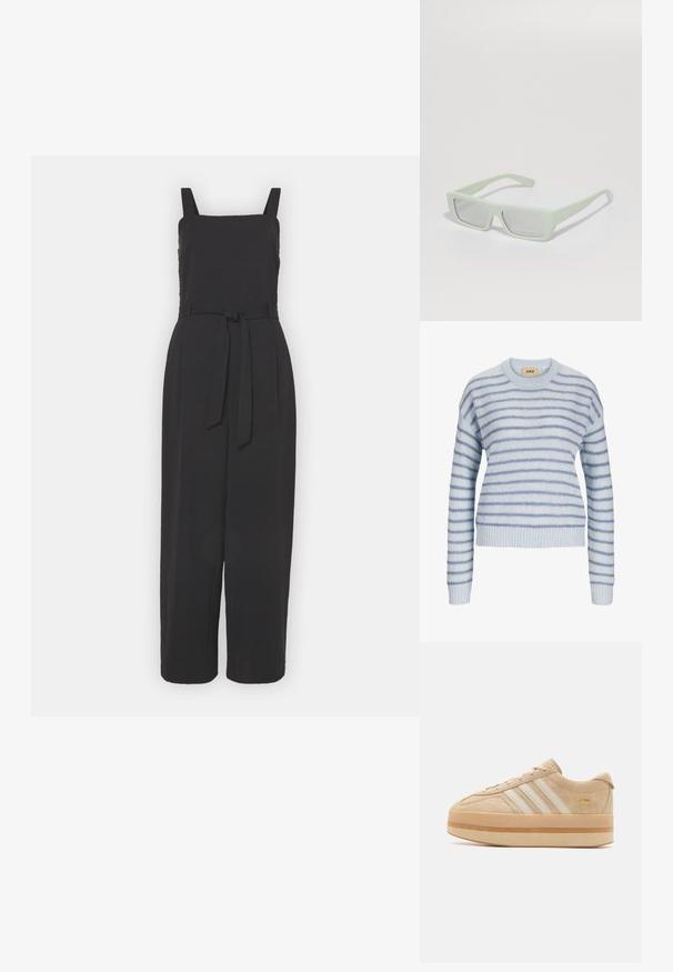 Sort jumpsuit med firkantet udskæring, skulderstropper, justerbart bælte i taljen og vidde ben. Blødt materiale med en glat tekstur.; Lys blå strikket sweater med vandrette striber i en mørkere blå. Har en rund halsudskæring og ribstrikkede manchetter og kant. Blød tekstur.; Beige ruskindsplatform sneakers med hvide tre striber, rund tå og beige gummisål med en guld logo accent på siden.; Rektangulære lysegrønne solbriller med gråtonede linser og "vogue" logo på stængerne, vist fra en let vinkel på en hvid overflade.
