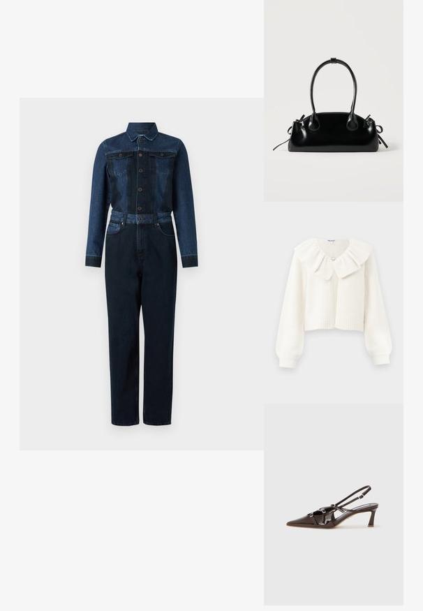Sinine teksajumpsuit, millel on tumedat sinist värvi, pikad varrukad, nööbiga esiosa, krae ja vöödiga talje ning kaks rinna-taskut.; Valge lühikeste varrukatega kardigan, millel on soonikuga mansetid ja äär, suur volangkaelus ja dekoratiivne hõbedane nööp kaelas.; Pruunist lakknahast sandaal-kontsad, millel on terav ninakujuline varvas, reguleeritavad rihmad ja dekoratiivsed kinnitused ees. Kontsa kõrgus 7,5 cm.; Väike must läikiv käekott kahe pika sangaga ja külgedel paelakinnitustega, ühel lihtsal helel taustal.