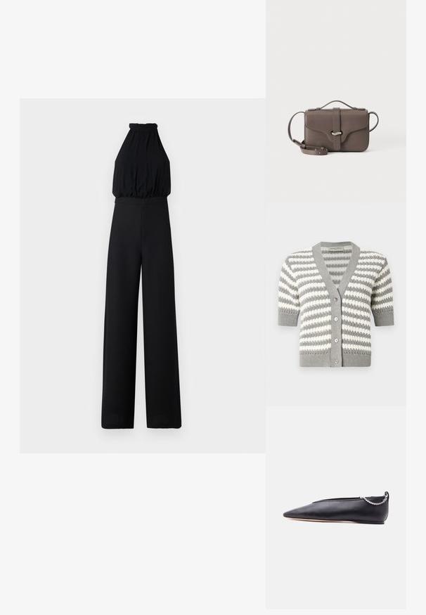 Combinaison noire avec un design dos nu, buste froncé et pantalons à jambes larges. Fabriquée en tissu doux, elle possède une texture lisse et des détails minimaux.; Cardigan rayé gris et blanc à manches courtes, décolleté en V et cinq boutons. Texture en tricot avec des bords côtelés.; Chaussure plate noire en cuir pointue avec un petit talon et un détail de chaîne argentée à l'arrière sur un fond uni.; Sac bandoulière en cuir marron avec poignée supérieure, rabat avant et fermoir argenté, présenté sur fond blanc uni.