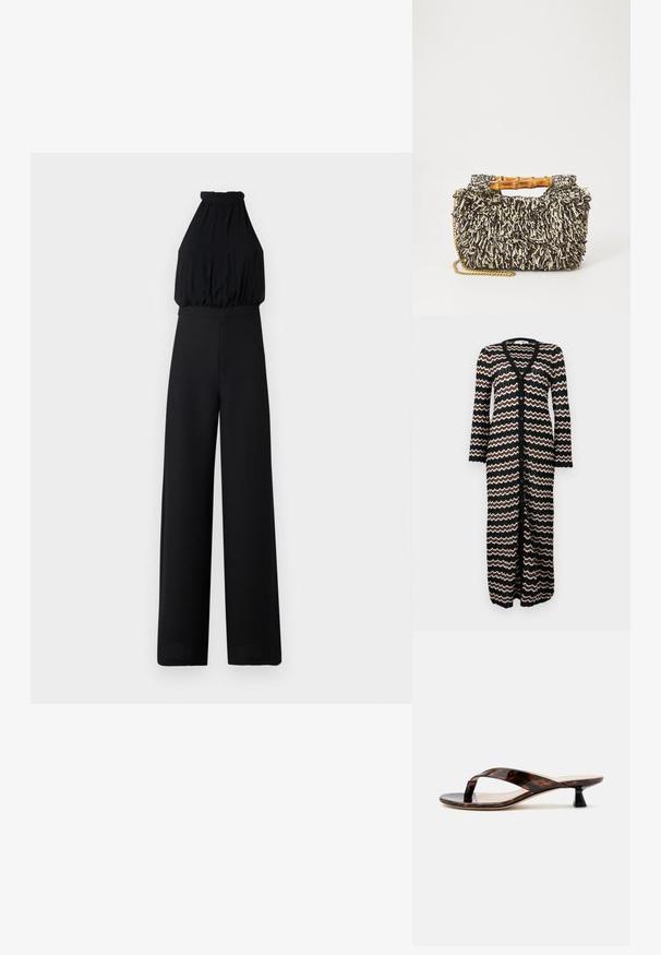 Sort jumpsuit med halterneck-design, samlede brystparti og brede ben. Lavet af blødt stof, med en glat tekstur og minimal detaljering.; Lang cardigan med sort bund og zigzag mønstre i brun og creme. Lavet af en let strik med knapper ned foran.; Brun skildpaddeskal kitten heel sandal med snorrestram og firkantet tå på en ensfarvet lys baggrund.; Vævet taske med et struktureret sort og creme mønster, bambushåndtag og en aftagelig guldkæde-strop. Kompakt rektangulær form.