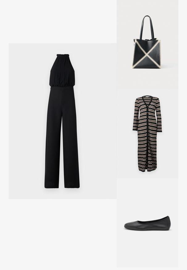 Zwarte jumpsuit met een halternekdesign, geplooide buste en wijde broekspijpen. Gemaakt van een zachte stof, met een gladde textuur en minimale details.; Lange cardigan met een zwarte basis en zigzagpatronen in bruin en crème. Gemaakt van een lichte breiwijze met knopen aan de voorkant.; Zwarte leren ballerina met een ronde neus, gladde textuur, minimale stikdetails en een flexibele zoolontwerp.; Zwarte leren draagtas met crèmekleurige stiksels in een X-patroon. Voorzien van twee zwarte handvatten en een ongestructureerde vorm.