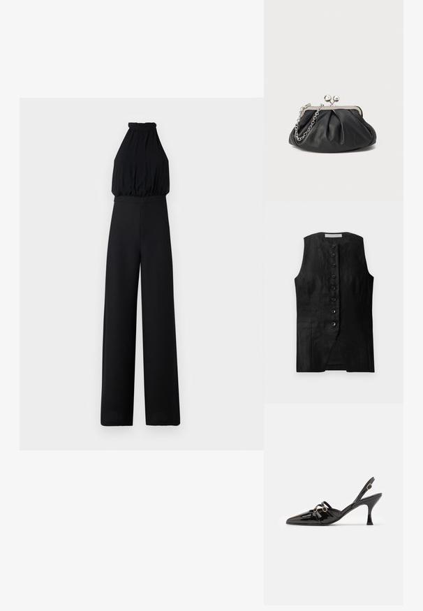 Zwarte jumpsuit met een halternekdesign, geplooide buste en wijde broekspijpen. Gemaakt van een zachte stof, met een gladde textuur en minimale details.; Zwarte mouwloze vest met een rechte snit, voorzien van een knoopsluiting en een subtiele textuur. De stof lijkt lichtgewicht en glad.; ALOHAS JOELLE ONIX - Klassieke pumps - black; Zwarte leren clutch met geplooide textuur, zilverkleurig metalen frame, drukknopsluiting en kettingriem. Glad, zacht oppervlak.