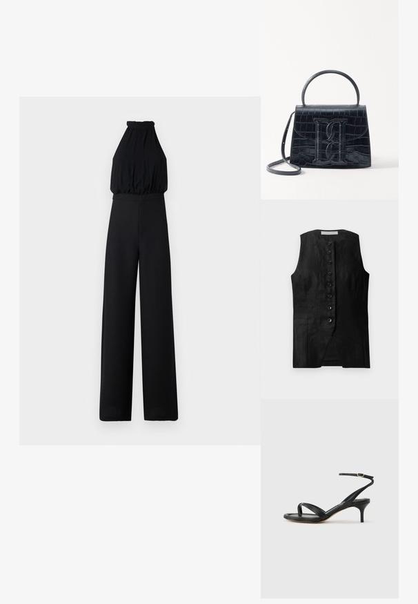 Combinaison noire avec un design dos nu, buste froncé et pantalons à jambes larges. Fabriquée en tissu doux, elle possède une texture lisse et des détails minimaux.; Gilet noir sans manches avec une coupe droite, présentant un devant boutonné et une texture subtile. Le tissu semble léger et lisse.; Sandale pour femme en cuir noir avec fines lanières, une boucle d'orteil, une boucle à la cheville et un talon aiguille de hauteur moyenne sur un fond neutre.; Sac à main en cuir noir embossé en crocodile avec un design structuré, une poignée supérieure, une bandoulière ajustable et un détail de logo en avant bien visible.
