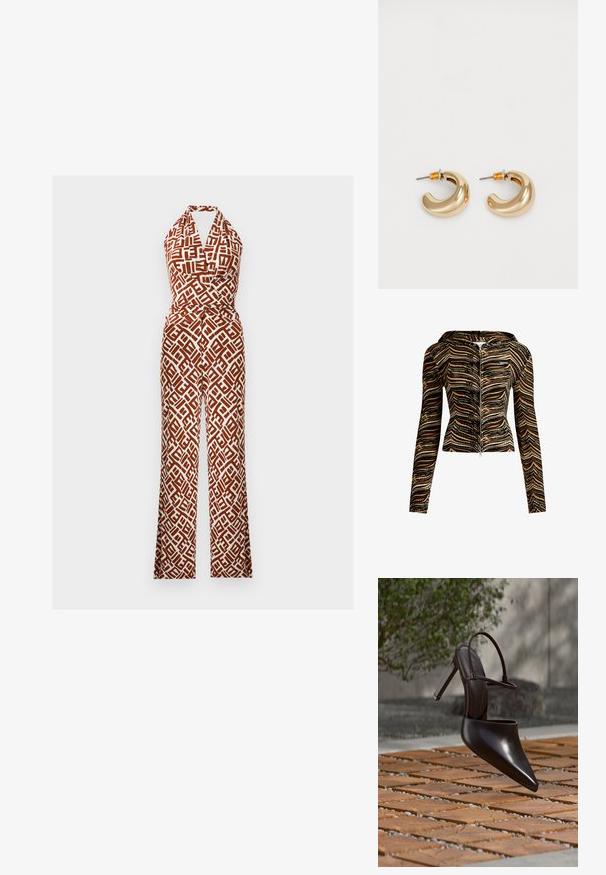 Mono sin mangas con cuello halter y estampado geométrico en tonos marrón y blanco, con pantalones anchos y cuerpo cruzado.; Chaqueta con capucha y cremallera en un patrón de olas marrón y negro. Está hecha de una tela texturizada, cuenta con mangas largas y un diseño ajustado.; Zueco negro brillante de tacón alto con puntera puntiaguda y correa en el tobillo, suspendido sobre una superficie de baldosas de terracota con espacios de grava.; Dos pendientes de aro dorados brillantes en un diseño curvado, con acentos naranjas cerca del poste, sobre un fondo blanco liso.