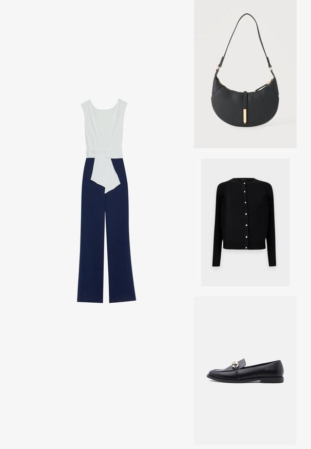 Combinaison bleu marine avec un bustier ajusté blanc, pantalon large et ceinture à la taille. Tissu lisse avec une silhouette épurée et un design minimaliste.; Cardigan noir à manches longues avec encolure ronde et sept boutons blancs visibles sur le devant.; Mocassin en cuir noir avec talon bas et détail de chaîne dorée sur le dessus, vu de côté sur un fond uni clair.; Sac à main noir en forme de croissant avec une bandoulière unique, une fermeture éclair dorée et une languette décorative rectangulaire dorée à l'avant.
