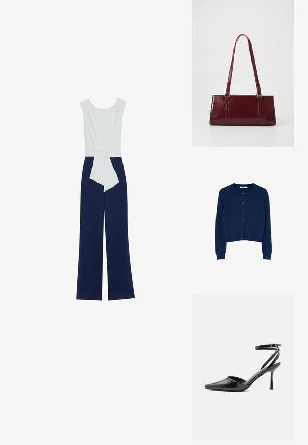 Mørkeblå jumpsuit med en tætsiddende hvid overdel, brede bukser og taljebånd. Glat stof med en ren silhuet og minimalistisk design.; Navyblå strikket cardigan med lange ærmer, rund halsudskæring og seks-knaps lukning foran. Har ribbede manchetter og nederste kant.; Sort spids højhælet sko med tynde ankelremme og sølvspænde på en ensfarvet lys baggrund.; Bordeaux håndtaske lavet af glansfuldt materiale, rektangulær form, med to skulderremme og subtile buede detaljer på forsiden.