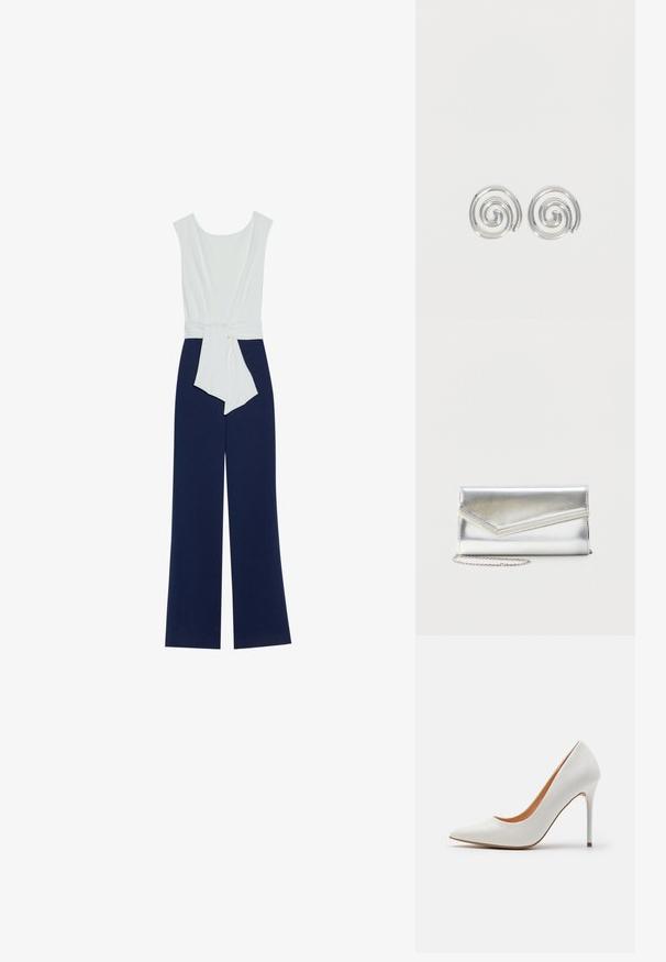 Navyblauwe jumpsuit met een aansluitend wit lijfje, wijde broekspijpen en een tailleband. Glad materiaal met een strakke silhoutte en minimalistisch ontwerp.; Witte gepolijste leren hoge hakpump met een spitse neus en slanke stilettohak, met een gladde textuur en een beige interieur.; Glanzende zilveren clutch met envelopvormige klep en decoratieve rand, klein zilveren kettingriempje, op een effen lichte achtergrond.; Een paar zilveren spiraalvormige oorringen met een glad, afgerond ontwerp op een effen witte achtergrond.