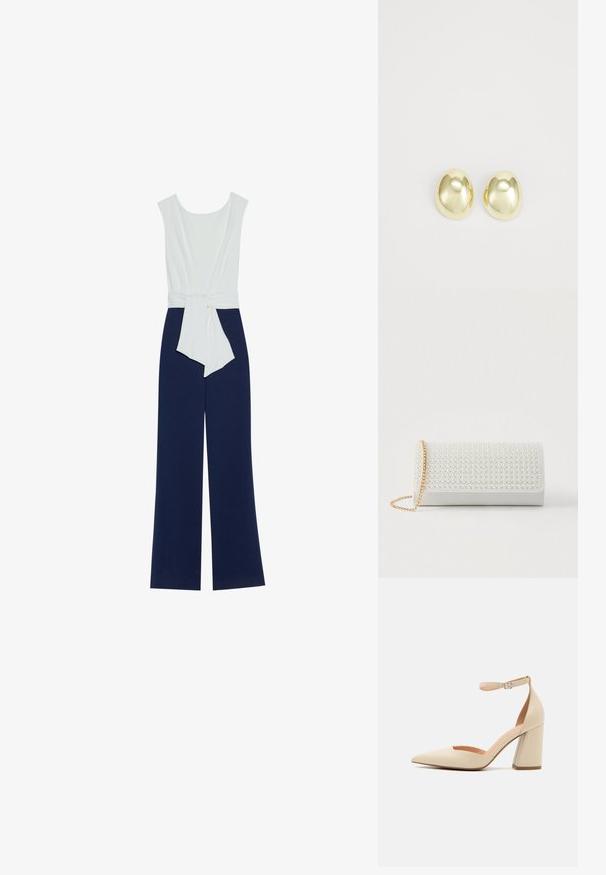 Mørkeblå jumpsuit med en tætsiddende hvid overdel, brede bukser og taljebånd. Glat stof med en ren silhuet og minimalistisk design.; Beige patentlæder højhælede pumps med spids tå, ankelrem og kraftig hæl. Glat tekstur med minimale syninger.; Hvid rektangulær clutch med et tekstureret mønster af små perler på forsiden, med en gylden kædestrop. Glat læderlignende materiale.; Guldtonede metalstudøreringe med en glat, rund form og poleret overflade. Simpelt design uden yderligere dekorationer.