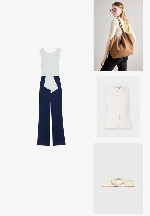 Combinaison bleu marine avec un bustier ajusté blanc, pantalon large et ceinture à la taille. Tissu lisse avec une silhouette épurée et un design minimaliste.; Blouse blanche sans manches avec boutons, encolure ronde et détails ajustés à la taille, étiquetée "Anna Field."; Sandales à talons bloc couleur crème avec des brides torsadées et un lit de pied plat. Matériau synthétique lisse avec une finition mate.; Sac fourre-tout en daim marron avec une texture douce, grande ouverture et longues sangles. Présente un design simple avec des coutures visibles et sans matériel.