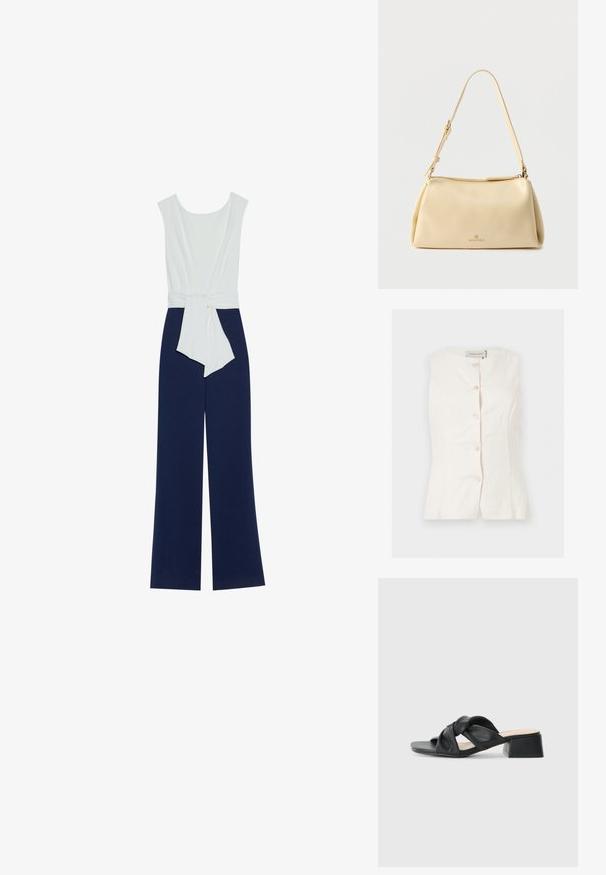 Mørkeblå jumpsuit med en tætsiddende hvid overdel, brede bukser og taljebånd. Glat stof med en ren silhuet og minimalistisk design.; Ærmeløs hvid skjorte med knapper, rund halsudskæring og taljeret detalje, mærket "Anna Field."; Sort lædersandal med et snoet overdesign, kvadratisk tå og en lav blokhæl, der har en glat tekstur og minimalistisk stil.; Beige rektangulær skuldertaske med justerbar rem og lynlås, med en lille "Anna Field"-logo midt foran.