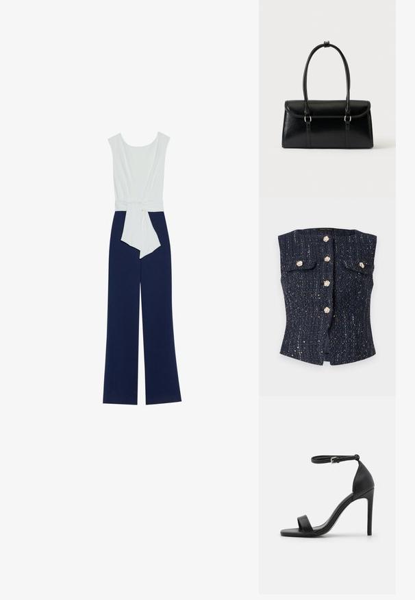 Combinaison bleu marine avec un bustier ajusté blanc, pantalon large et ceinture à la taille. Tissu lisse avec une silhouette épurée et un design minimaliste.; Gilet sans manches texturé bleu marine avec des boutons floraux ton or, deux poches à rabat, et des détails discrets en fil métallique.; Sandale noire à talons hauts au design épuré, avec une bride au niveau de la cheville, un bout ouvert et une texture en cuir lisse.; Sac à main rectangulaire en cuir noir avec fermeture à rabat et deux longues anses sur fond blanc uni.