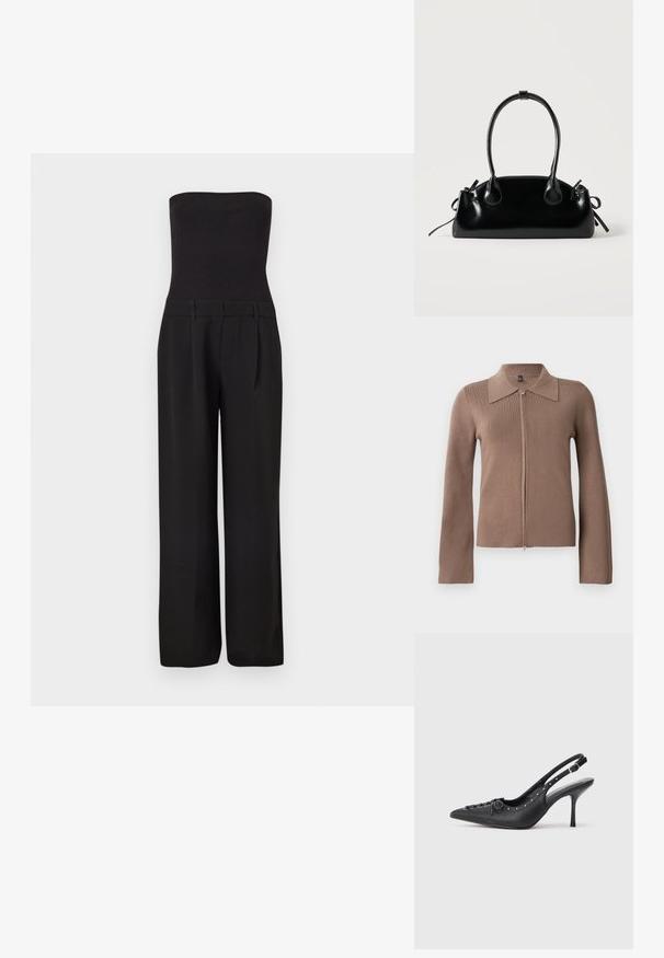 Combinaison noire sans bretelles avec un corsage côtelé ajusté et un pantalon tailleur à jambes larges.; Cardigan zippé brun avec un col, des manches longues, une texture côtelée et une silhouette ajustée. Design minimaliste, sans logo ni motifs visibles.; Escarpin en cuir noir à talon aiguille avec un bout pointu, une bride latérale à boucle, des clous le long du bord et un laçage décoratif à l'avant.; Petit sac à main noir brillant avec deux longues anses et des détails à cordon sur les côtés sur un fond clair uni.