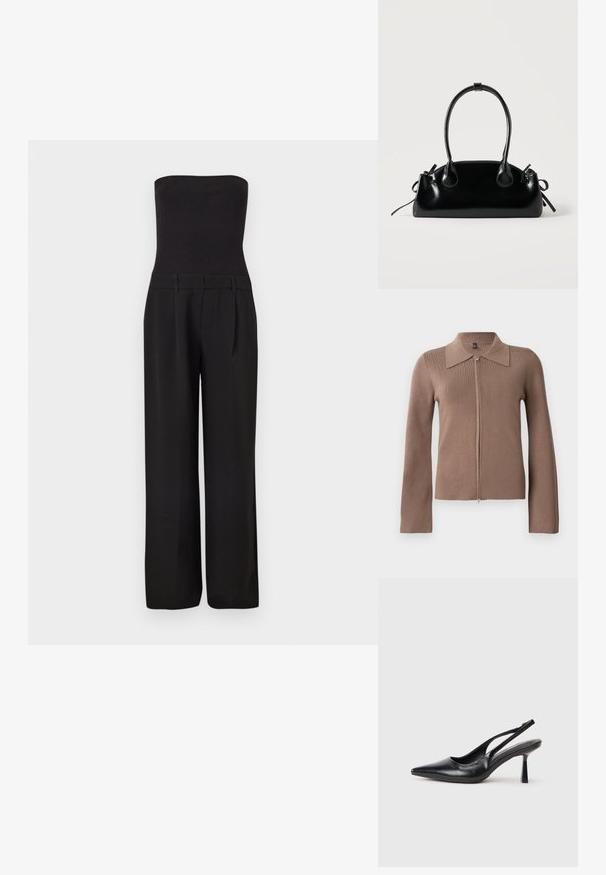Zwarte strapless jumpsuit met een aansluitend geribd lijfje en brede, op maat gemaakte broekspijpen.; Bruine ritscardigan met een kraag, lange mouwen, ribbeltextuur en een getailleerde pasvorm. Minimalistisch ontwerp, geen zichtbare branding of patronen.; Zwarte leren slingback hoge hak schoenen met puntige neus en slanke hak op een witte achtergrond.; Kleine zwarte glanzende handtas met twee lange hengsels en zijkant trekkoord details op een effen lichte achtergrond.