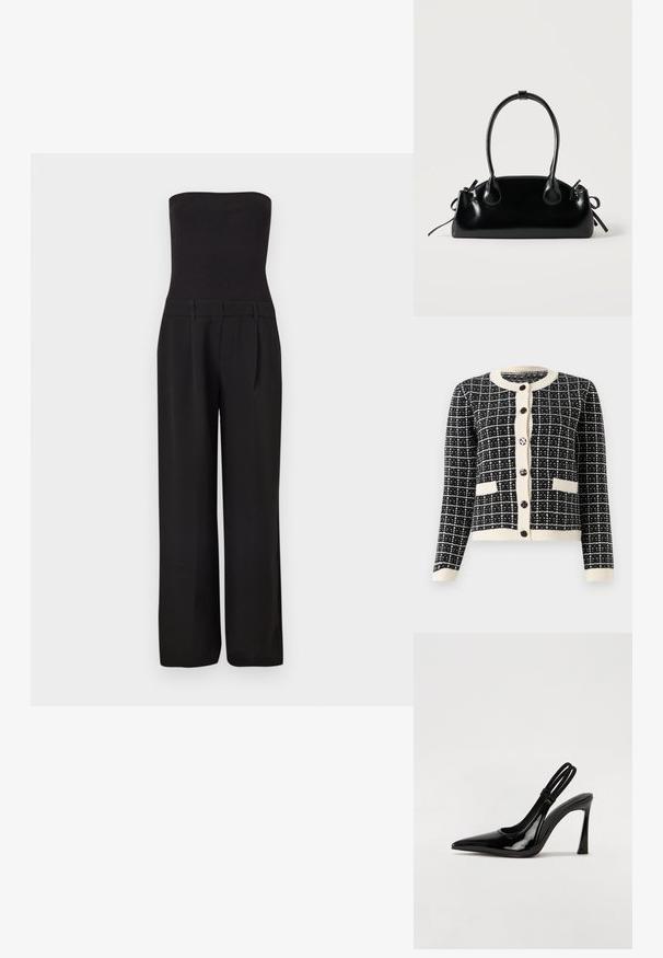 Zwarte strapless jumpsuit met een aansluitend geribd lijfje en brede, op maat gemaakte broekspijpen.; Zwart-wit geblokte cardigan met een ronde halslijn, zwarte knopen aan de voorkant en twee voorzakken. Ribgebreide manchetten en zoom.; Zwarte gepatineerde leren slingback pump met puntige neus, slanke hoge hak en dubbele elastische band voor een veilige pasvorm. Gladde, glanzende oppervlakte.; Kleine zwarte glanzende handtas met twee lange hengsels en zijkant trekkoord details op een effen lichte achtergrond.