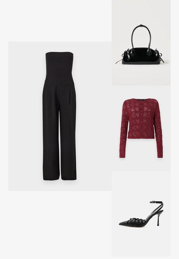 Zwarte strapless jumpsuit met een aansluitend geribd lijfje en brede, op maat gemaakte broekspijpen.; Bordeaux gebreide cardigan met een gestructureerd open steekpatroon, met een ronde halslijn en knoopsluiting aan de voorkant.; Zwarte pumps met hoge hak en spitse neus, gegolfde randen, metalen oogjes, vetergespsluiting aan de voorzijde en enkelriem met gespsluiting.; Kleine zwarte glanzende handtas met twee lange hengsels en zijkant trekkoord details op een effen lichte achtergrond.