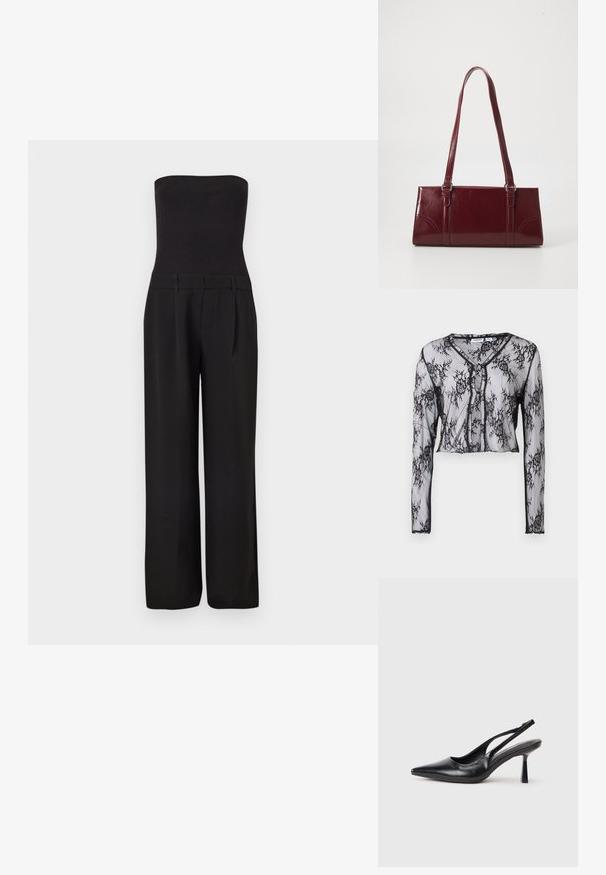 Combinaison noire sans bretelles avec un corsage côtelé ajusté et un pantalon tailleur à jambes larges.; Haut à manches longues en dentelle noire transparente avec des motifs floraux, design cropped, décolleté en V et fermeture à boutons sur le devant. Texture douce.; Chaussure à talon haut en cuir noir, à bride arrière, avec un bout pointu et un talon fin sur fond blanc.; Sac à main bordeaux en matériau brillant, de forme rectangulaire, avec deux anses et des accents légèrement courbés à l'avant.