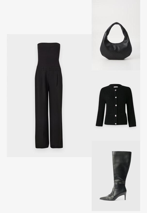 Schwarzer trägerloser Jumpsuit mit tailliertem, geripptem Oberteil und weit geschnittenen, maßgeschneiderten Hosen.; JDY JDYJANNE O NECK CARDIGAN - Strickjacke - black; Schwarze kniehohe Lederstiefel mit schlankem Absatz, spitz zulaufender Spitze und Riemendetails am Knöchel. Glatte Textur und eng anliegendes Design.; Schwarze gewebte Handtasche mit einem gebogenen Griff, die eine strukturierte Oberfläche und eine lässige Form hat. Glatte Oberfläche mit einer organischen Silhouette.