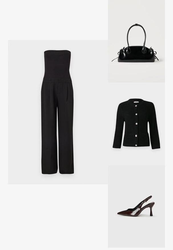 Schwarzer trägerloser Jumpsuit mit tailliertem, geripptem Oberteil und weit geschnittenen, maßgeschneiderten Hosen.; JDY JDYJANNE O NECK CARDIGAN - Strickjacke - black; Braune lackleder Slingback-Absätze mit spitzem Zehen, einem dünnen Absatz und einem verstellbaren Riemen mit einer kleinen Schnalle.; Kleine schwarze glänzende Handtasche mit zwei langen Griffen und seitlichen Kordelzug-Details vor einfachem hellem Hintergrund.