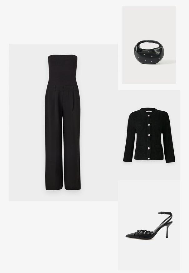 Schwarzer trägerloser Jumpsuit mit tailliertem, geripptem Oberteil und weit geschnittenen, maßgeschneiderten Hosen.; JDY JDYJANNE O NECK CARDIGAN - Strickjacke - black; Schwarzer, spitzer High-Heel-Schuh mit geschwungenen Kanten, Metallösen, Schnürung vorne und Knöchelriemen mit Schnallverschluss.; Schwarze Lederhandtasche mit abgerundeter Form, verziert mit silbernen Nietenakzenten und kurzem Griff. Glatte Struktur und Reißverschlussverschluss.