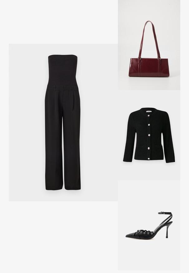 Must rihmadeta kombinesoon, millel on keha lamedalt vormitud soonikkoes ülaosa ja laiade säärega püksid.; JDY JDYJANNE O NECK CARDIGAN - Kardigan - black; Mustad terava ninaga kõrge kontsaga kingad laineliste servadega, metallist silmadega, ees nööriga ja pahkluu rihmaga, mis kinnitub pandlaga.; Burgundia värvi käekott, mis on valmistatud läikivast materjalist, ristküliku kujuline, kahe õlapaelaga ning ees on peened kaarjad aktsendid.