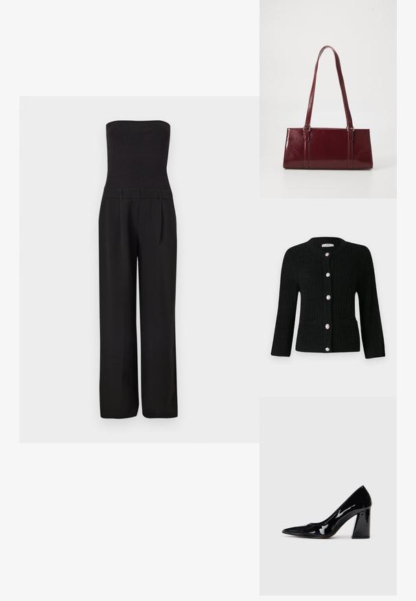 Must rihmadeta kombinesoon, millel on keha lamedalt vormitud soonikkoes ülaosa ja laiade säärega püksid.; JDY JDYJANNE O NECK CARDIGAN - Kardigan - black; Must värviline lakknahast kõrge kontsaga king, millel on terav varvas ja paks konts, millel on sile, läikiv tekstuur ja voolujooneline disain.; Burgundia värvi käekott, mis on valmistatud läikivast materjalist, ristküliku kujuline, kahe õlapaelaga ning ees on peened kaarjad aktsendid.