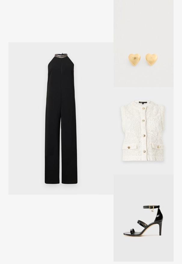 Combinaison noire sans manches à jambes larges avec un col halter orné de perles argentées, présentée sur un fond uni.; Veste blanche sans manches avec broderie en dentelle florale ornée, boutons dorés sur le devant et sur deux petites poches avant, col rond.; Sandale en cuir verni noir avec trois brides, boucle de cheville et talon aiguille de 10 cm. Présente un détail en métal doré et un charm logo.; Une paire de boucles d'oreilles en or poli en forme de cœur avec un subtil logo gravé "CD" sur un fond blanc uni.