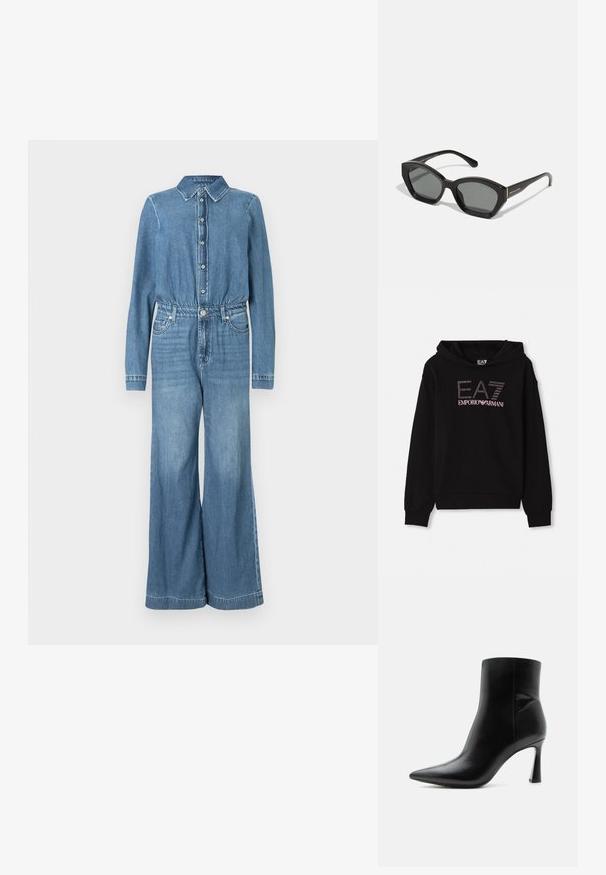 Denim-Overall mit knöpfbarem Frontverschluss, Kragen, langen Ärmeln, elastischem Bund und weitem Bein in einem hellblauen Waschton.; Schwarzer Kapuzenpullover mit einem Vorderdesign aus Strass, das den Schriftzug "EA7 EMPORIO ARMANI" zeigt. Er hat eine Kängurutasche und gerippte Bündchen.; Schwarzer Leder-Knöchelstiefel mit spitzer Spitze und schlankem, hohem Stilettoabsatz, seitlich auf weißem Hintergrund gezeigt.; Schwarze rechteckige Sonnenbrille mit einem markanten, eckigen Rahmen, dunkelgrauen Gläsern und einem dezenten Markenlogo am Bügel.