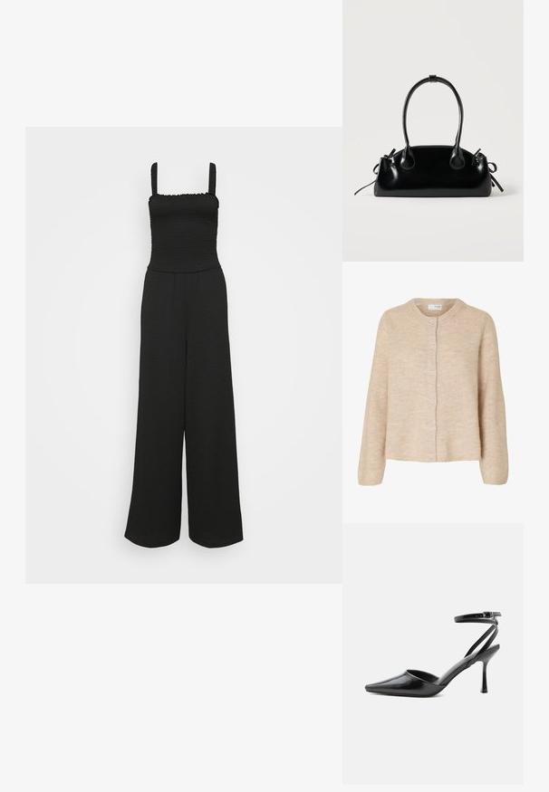 Zwarte jumpsuit met een gesmokt lijfje, vierkante halslijn en wijd uitlopende broekspijpen. Bevat elastische schouderbanden en een gestructureerde stof.; Lichtbeige langarm gebreid vest met ronde hals en zes knopen aan de voorkant, gemaakt van zachte, gestructureerde stof.; Zwarte pumps met puntige neus, dunne enkelbandjes en een zilveren gesp op een effen lichte achtergrond.; Kleine zwarte glanzende handtas met twee lange hengsels en zijkant trekkoord details op een effen lichte achtergrond.