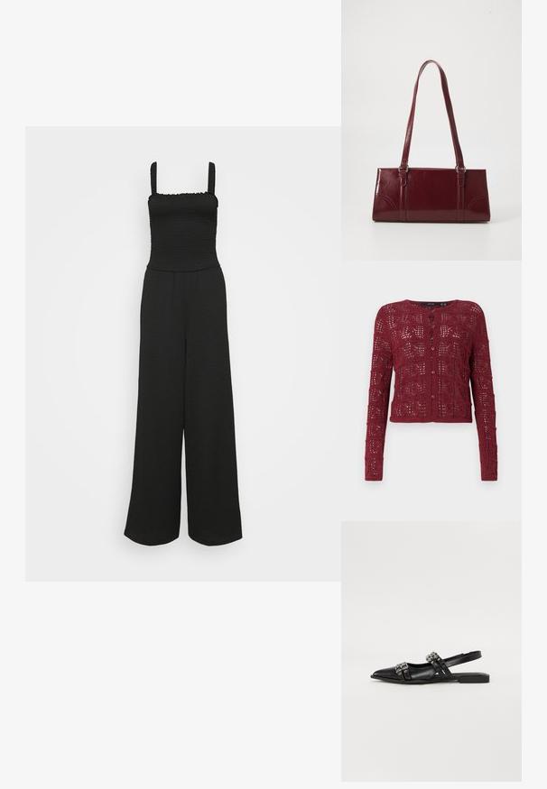 Mono negro con cuerpo fruncido, escote cuadrado y diseño de pierna ancha. Presenta tirantes elásticos y una tela texturizada.; Cárdigan de punto burdeos con un patrón de tejido abierto texturizado, que presenta un escote redondo y cierre de botones en la parte delantera.; Even&Odd Bailarinas con tira trasera - black; Bolso burdeos hecho de material brillante, de forma rectangular, con dos asas para el hombro y sutiles acentos curvados en la parte frontal.